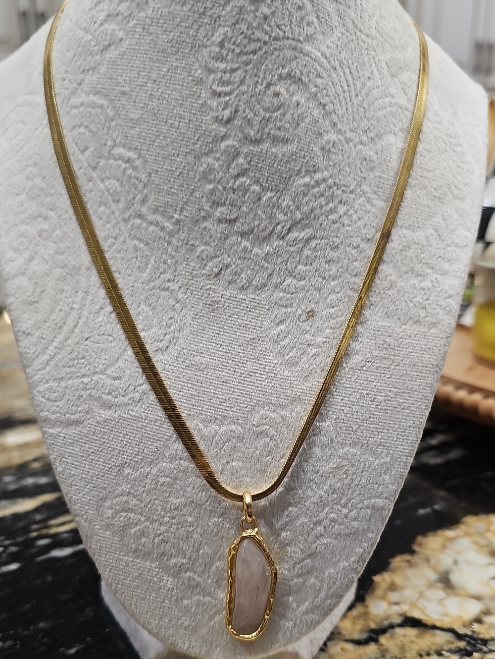 Gold Tone Necklace with Rose Quartz Pendant